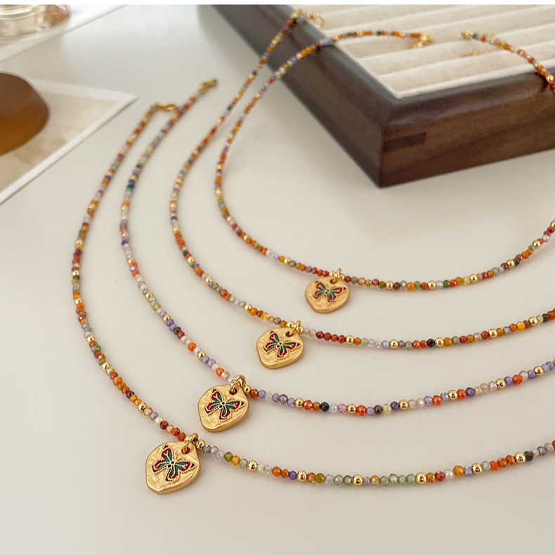 Damenschmuck Einfache bunte Zirkonperlen Öltropfen Schmetterlingshalskette Weibliches vielseitiges Temperament Glänzende Regenbogen-Schlüsselbeinkette_voghion.com