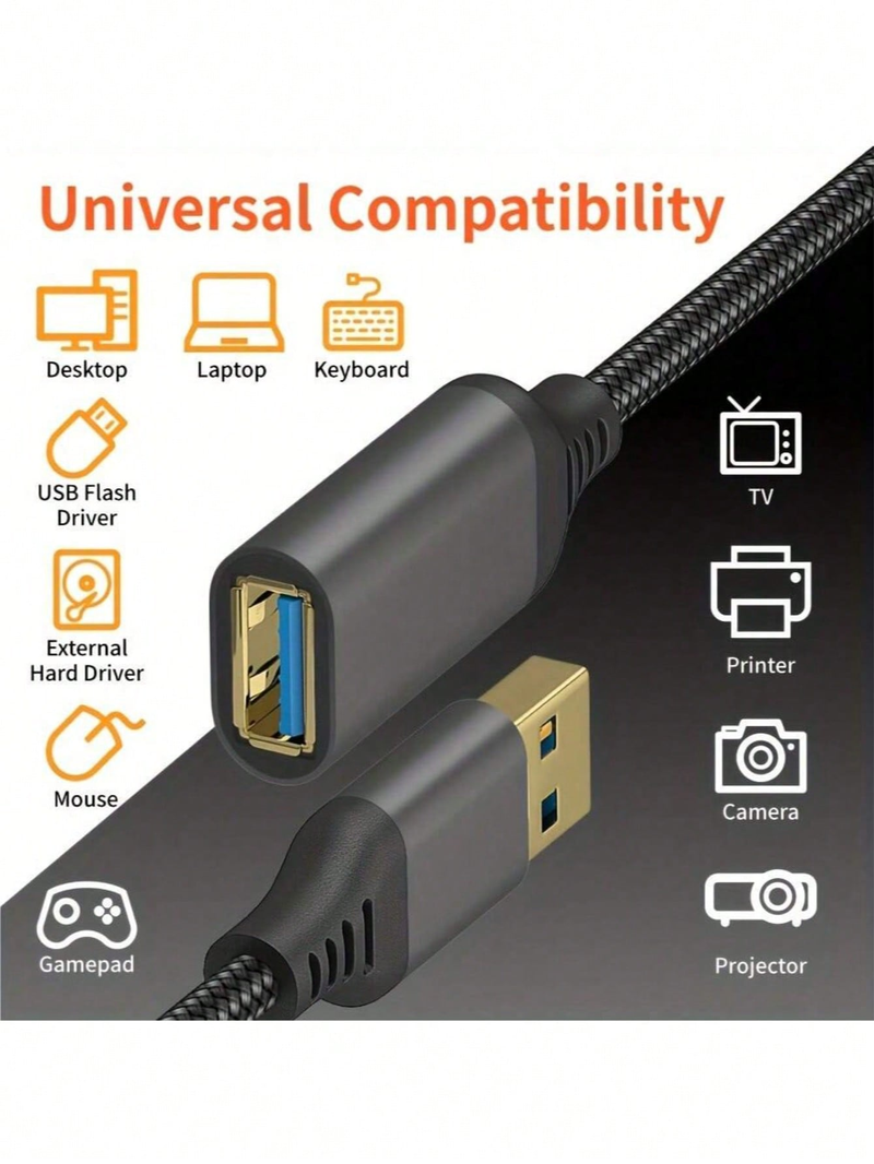 1pc Durable Nylon Braided USB 3.0 Extension Cable, 3.3FT, Type A Male To Female, 5Gbps High-Speed_voghion.com