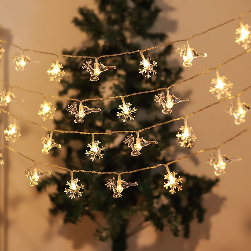 Luces navideñas solares con copos de nieve y renos: guirnalda de luces LED en blanco cálido y multicolor para interiores._voghion.com
