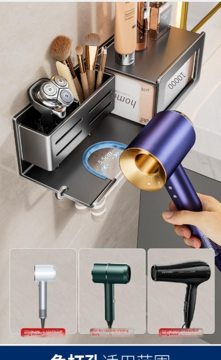 Haartrocknerhalter aus Aluminium mit Taschentuchbox, an der Wand montierter Badezimmer-Organizer für Föhn, Kamm und Toilettenpapier,_voghion.com