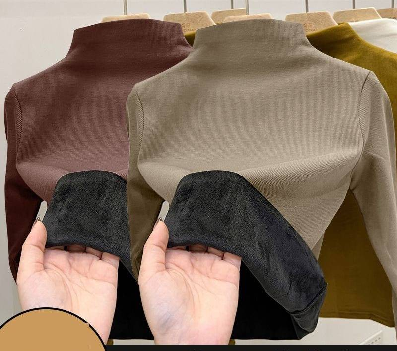 Maglietta a collo alto da donna con fodera in pile termico - Strato di base caldo invernale con pile di volpe argentata, maglia a maniche lunghe attillata per il freddo_voghion.com