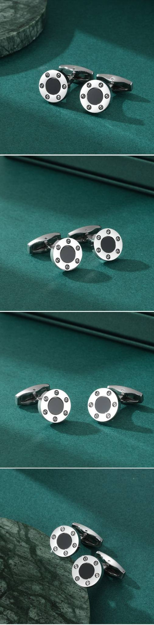 Elegant Onyx Inlaid Titanium Steel Screw Cufflinks For Dress Shirts Geometric Design, High Polish Finish, For Business, Wedding & Formal Occasions_voghion.com