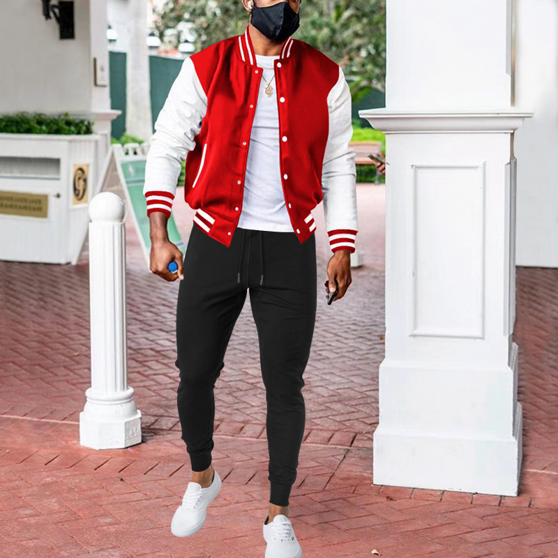 Abito da baseball casual, felpa con cappuccio color block con colletto rialzato alla moda, giacca da volo, completo autunnale e invernale da uomo,_voghion.com