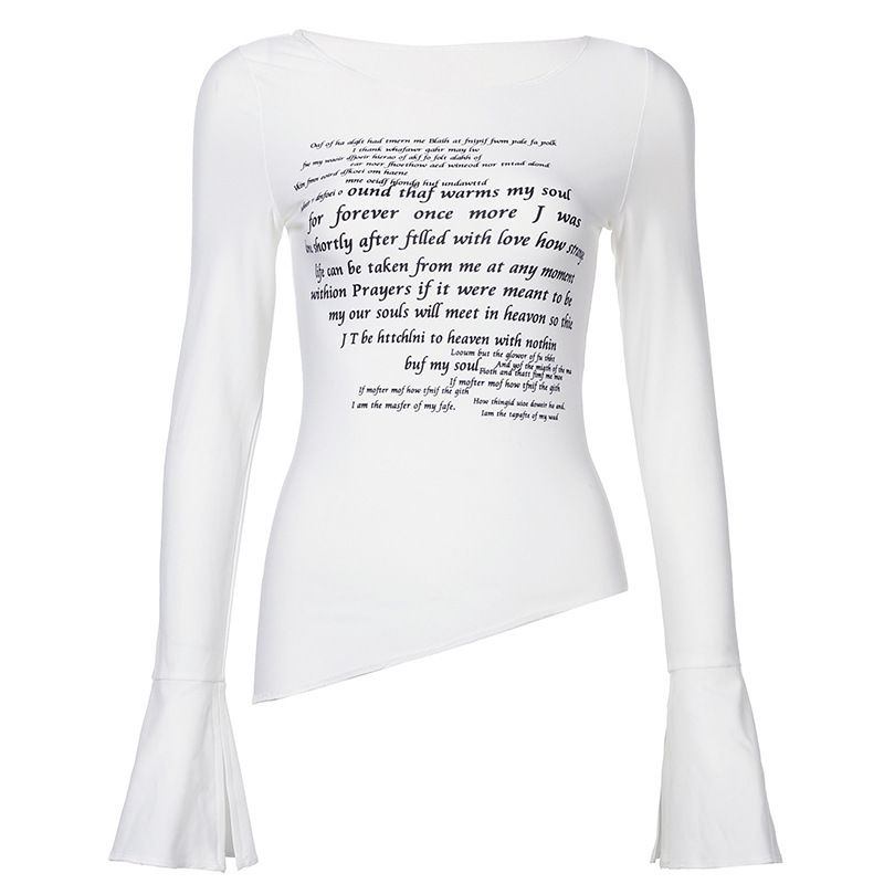 Maglietta a maniche lunghe svasata con stampa a lettere, nuova collezione autunno 2025, per donna, vestibilità slim versatile, girocollo_voghion.com