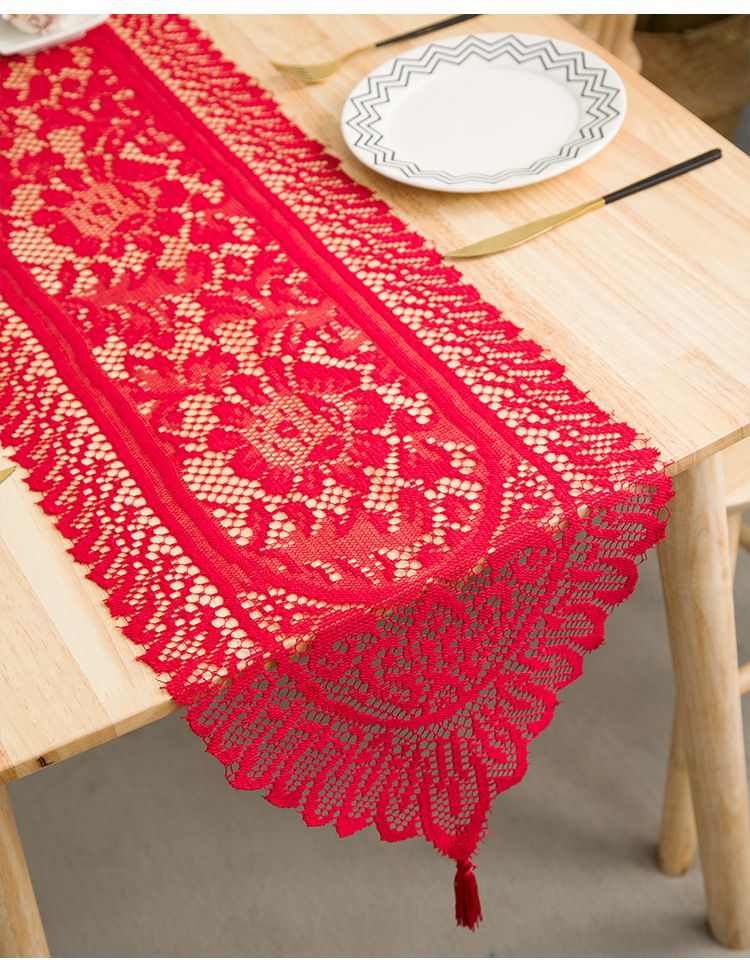 Camino de mesa de encaje rústico francés con ribete de borlas bohemias blancas, lino tejido vintage para decorar mesas de comedor y de centro, estilo rústico chic._voghion.com