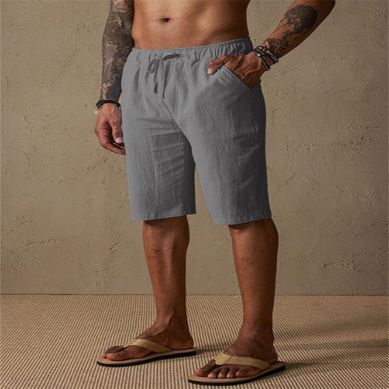 Herren Sommer-Strandshorts aus Leinen-Baumwolle mit Kordelzug, lässig, atmungsaktiv, entspannte Passform, elastischer Bund, mehrere Taschen_voghion.com
