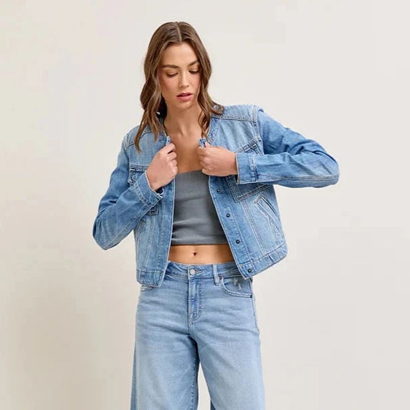 Damenbekleidung Kurze Langarm Retro Arbeitskleidung Multi Pocket Jeansjacke Damen_voghion.com