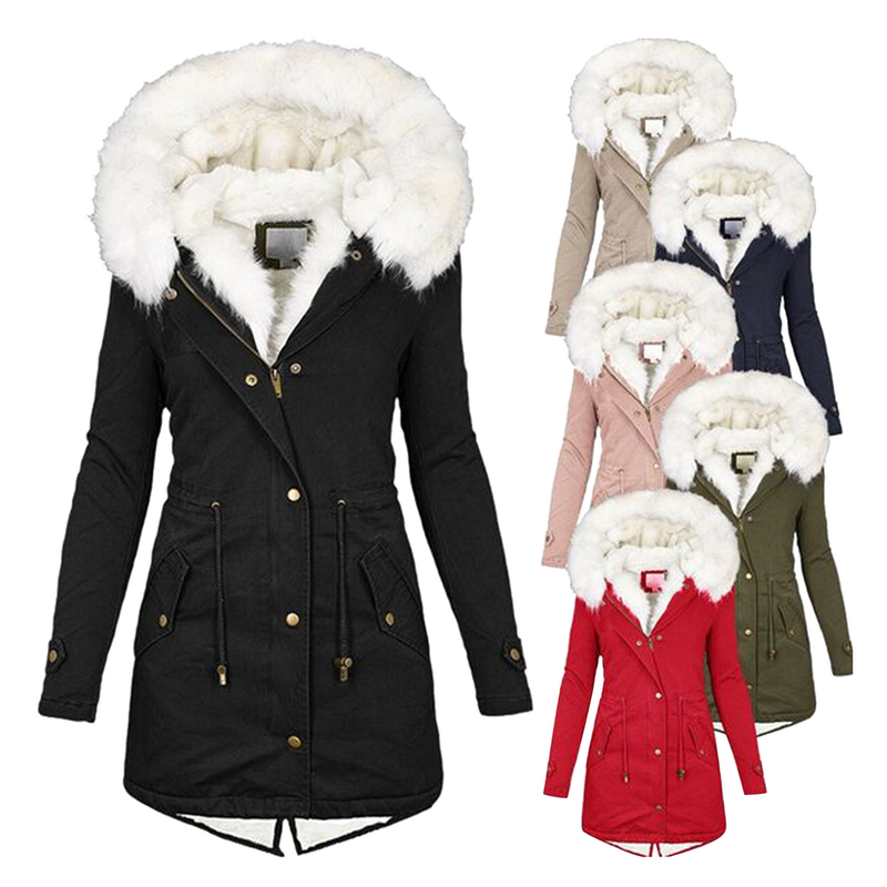 Women's Clothing Women's cotton coats large size cotton coats with hooded fur collar, waist and thickened mid-length _voghion.com