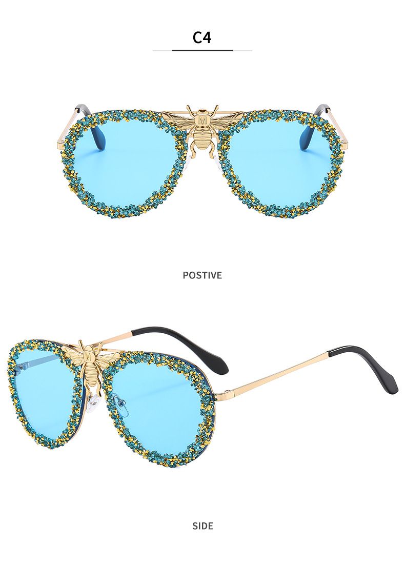 Europäische und amerikanische Persönlichkeit Bee Net Red Sonnenbrille mit Diamanten eingelegt Retro Metall Mode Große Rahmen Sonnenbrille Weibliche Ins Trend Cross Border_voghion.com