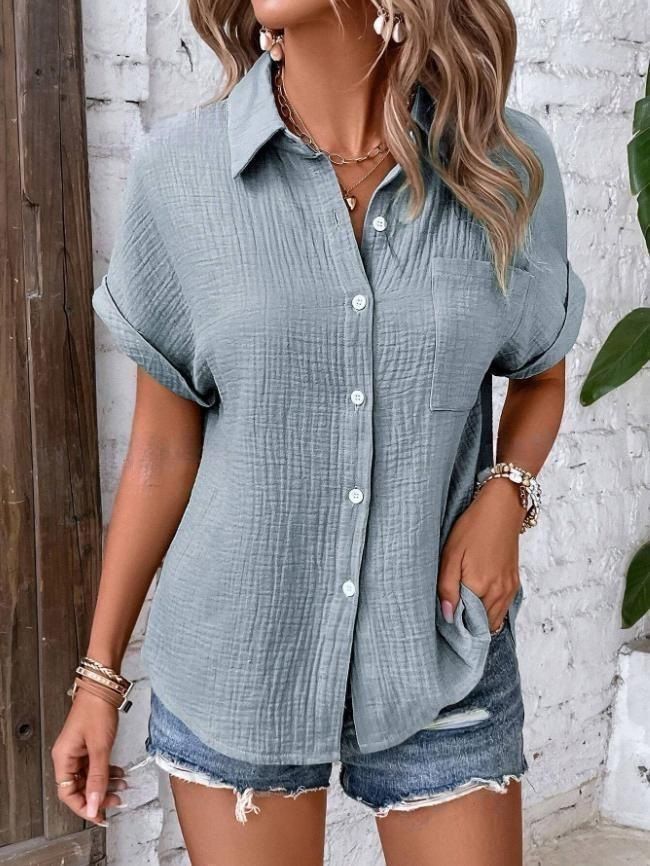 Camicie da donna, tinta unita, casual, con maniche a pipistrello e bottoni_voghion.com