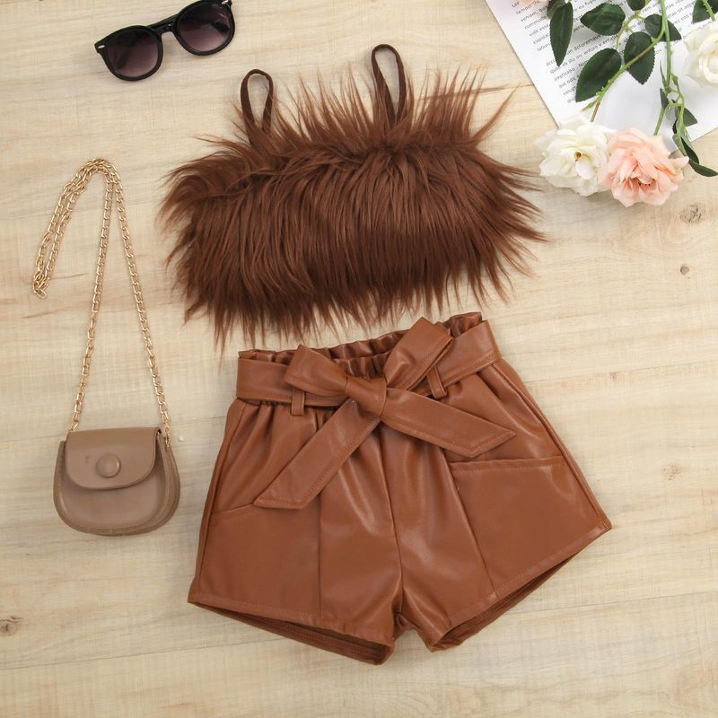 Mother & Kids Children's Clothing Popular Spring And Summer Fur Suspenders Solid Color Leather Shorts Suit With Belt_voghion.com