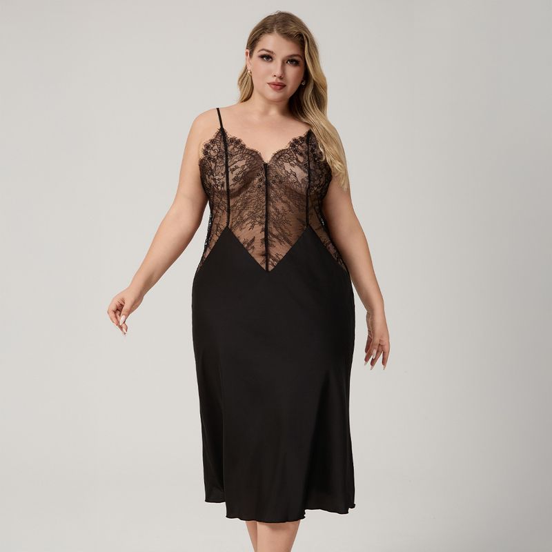 Large Size Suspender Pajamas Women's Satin Chiffon Sexy Nightgown Long Loungewear C_voghion.com