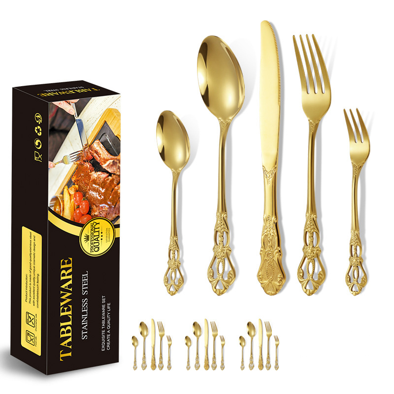 Royal Edelstahl-Set aus Messer, Gabel und Löffel, grenzüberschreitendes 20-teiliges Set für 4 Personen, Retro-Steakmesser mit Hohlrelief, europäischer Stil_voghion.com