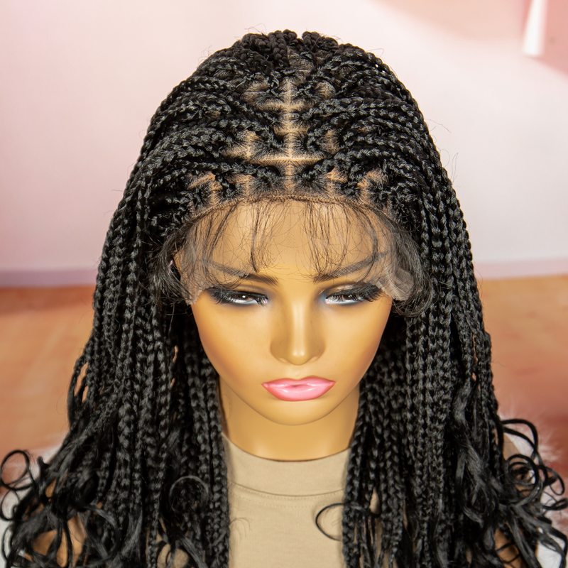 Fashion medium long braided wig head set 9*6 front lace braided braided hair tail large roll synthetic lace wig 180% density simple fashion shape_voghion.com