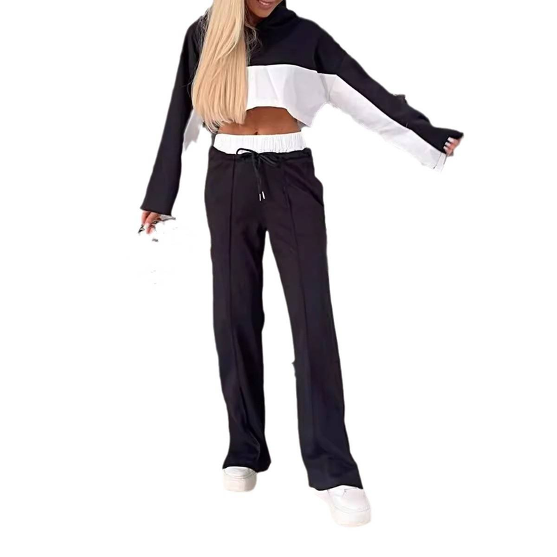Women's Clothing Color Matching Suit Long Sleeved Hooded Contrast Color Sweater Lace Up Trousers Two Piece Suit_voghion.com