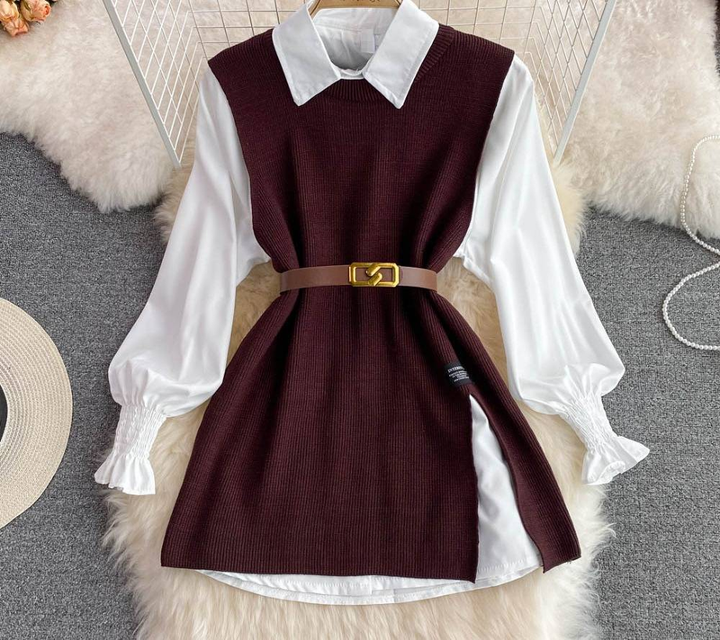 K Long-sleeved Suit With White Shirt, Sweater, Waistcoat, Age-reducing Loose Knitted Vest, Two-piece Set For Women_voghion.com