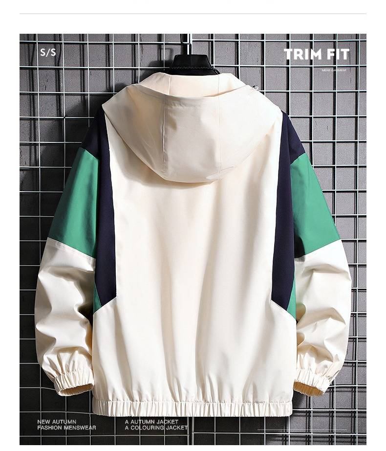 Giacca a vento unisex con cappuccio color-block – Giacca oversize alla moda per uomo e donna, cappotto casual leggero con cerniera (beige/blu navy/nero, S-3XL))_voghion.com