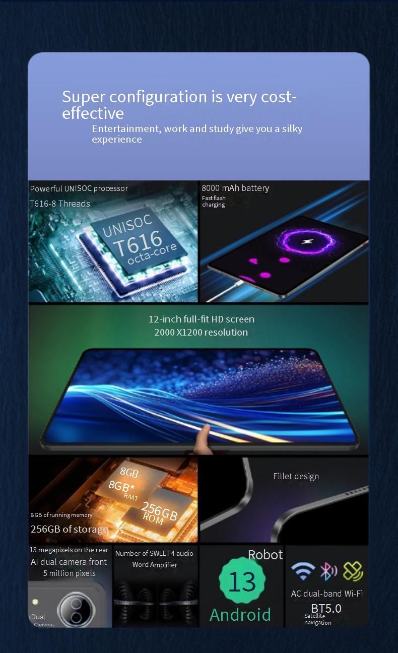 Tablette Android VP60 Pro - Processeur 8 cœurs, 8 Go de RAM + SSD 256 Go, double SIM et GPS, écran antireflet AG avec option de logo personnalisé pour les entreprises et l'éducation_voghion.com