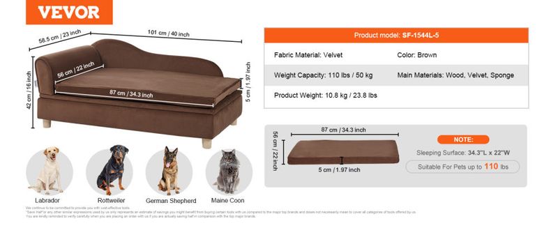 VEVOR Pet Sofa, Dog Couch for Large-Sized Dogs and Cats, Soft Velvety Dog Sofa Bed, 110 lbs Loading Cat Sofa, Dark Brown_voghion.com