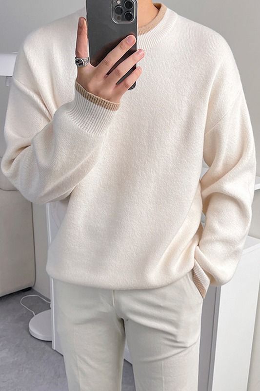 Herren-Vintage-Pullover aus gewachster Baumwolle – locker sitzender Rundhals-Strickpullover, weiche und warme Retro-Freizeitkleidung für den Winter (Weiß/Schwarz, M-2XL)_voghion.com