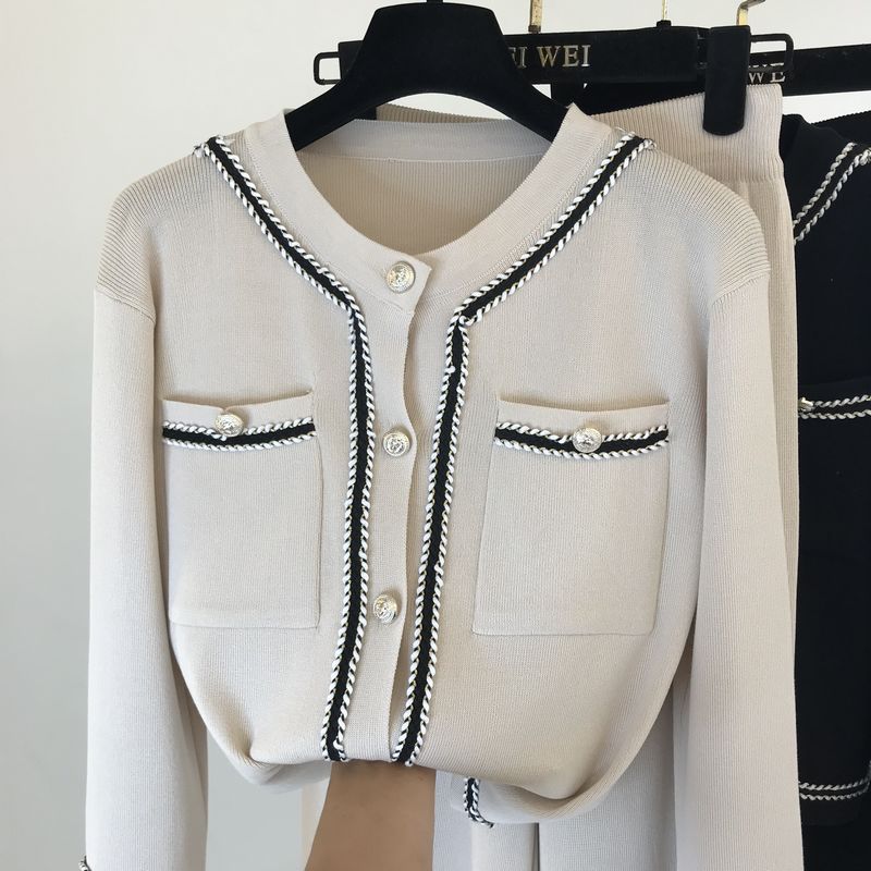 Kadın moda yuvarlak boyun örme hırka üst geniş bacak pantolon iki parçalı set_voghion.com