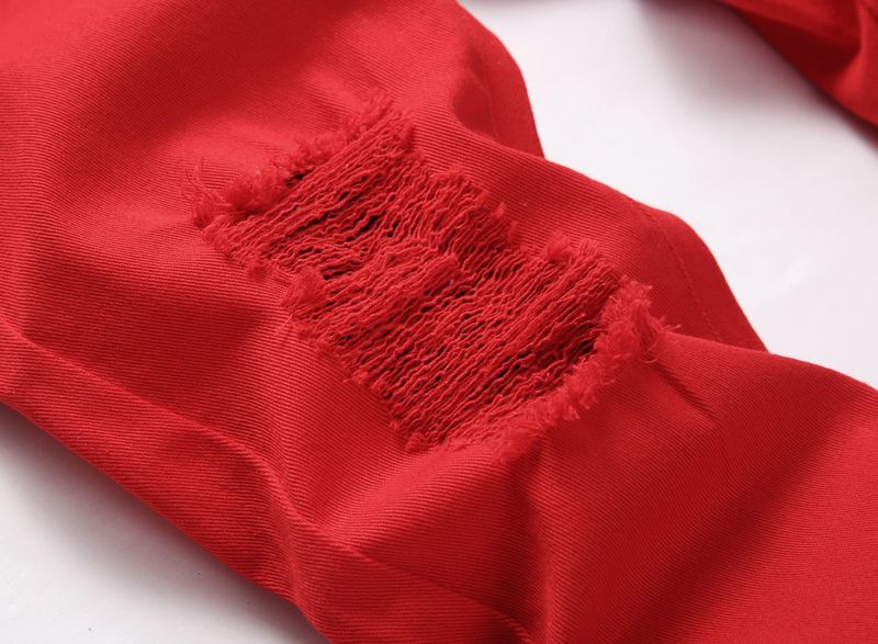 Pantalon droit déchiré taille moyenne élastique pour mère et enfant, jean décontracté en coton rouge taille moyenne_voghion.com
