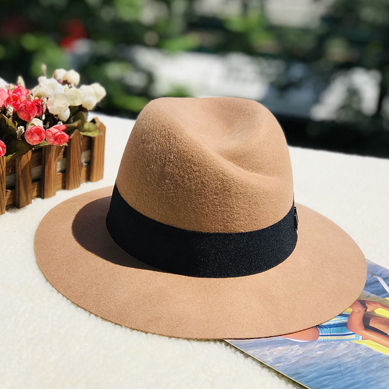 Autumn and winter oblique top hat British pepper letter M wool wide brim hat wool hat_voghion.com