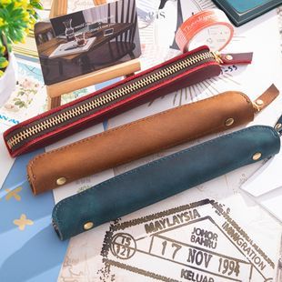 Estuche para lápices de cuero genuino personalizado, retro, hecho a mano, de cuero de Caballo Loco, primera capa de piel de vaca, estuche para bolígrafo, funda protectora creativa en stock_voghion.com