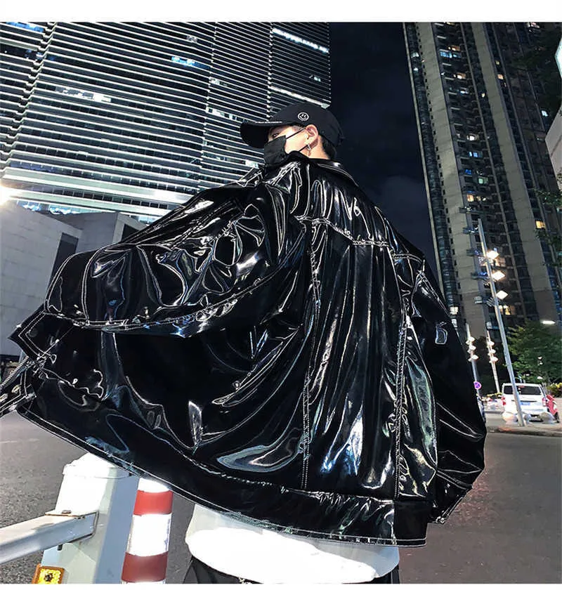 Giacca da uomo in finto Mauroicardi autunno oversize riflettente in vernice lucida con tasche a maniche lunghe 2022 gotico allentato_voghion.com
