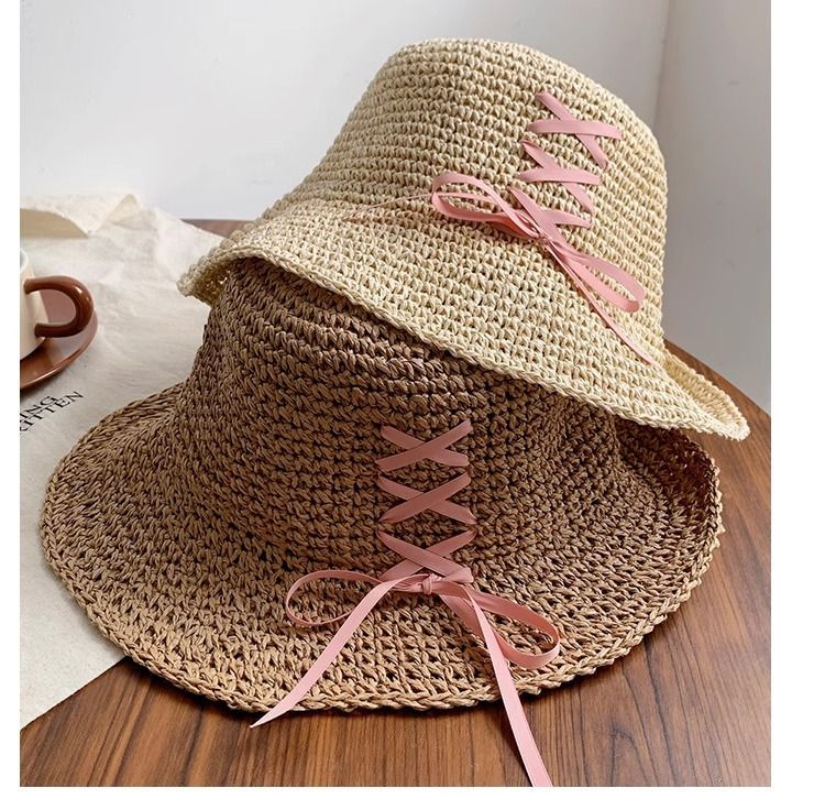 Cappello da sole estivo da donna con cinturino a fiocco rosa, in paglia, con protezione solare, in tessuto, per vacanze al mare e sulla spiaggia_voghion.com