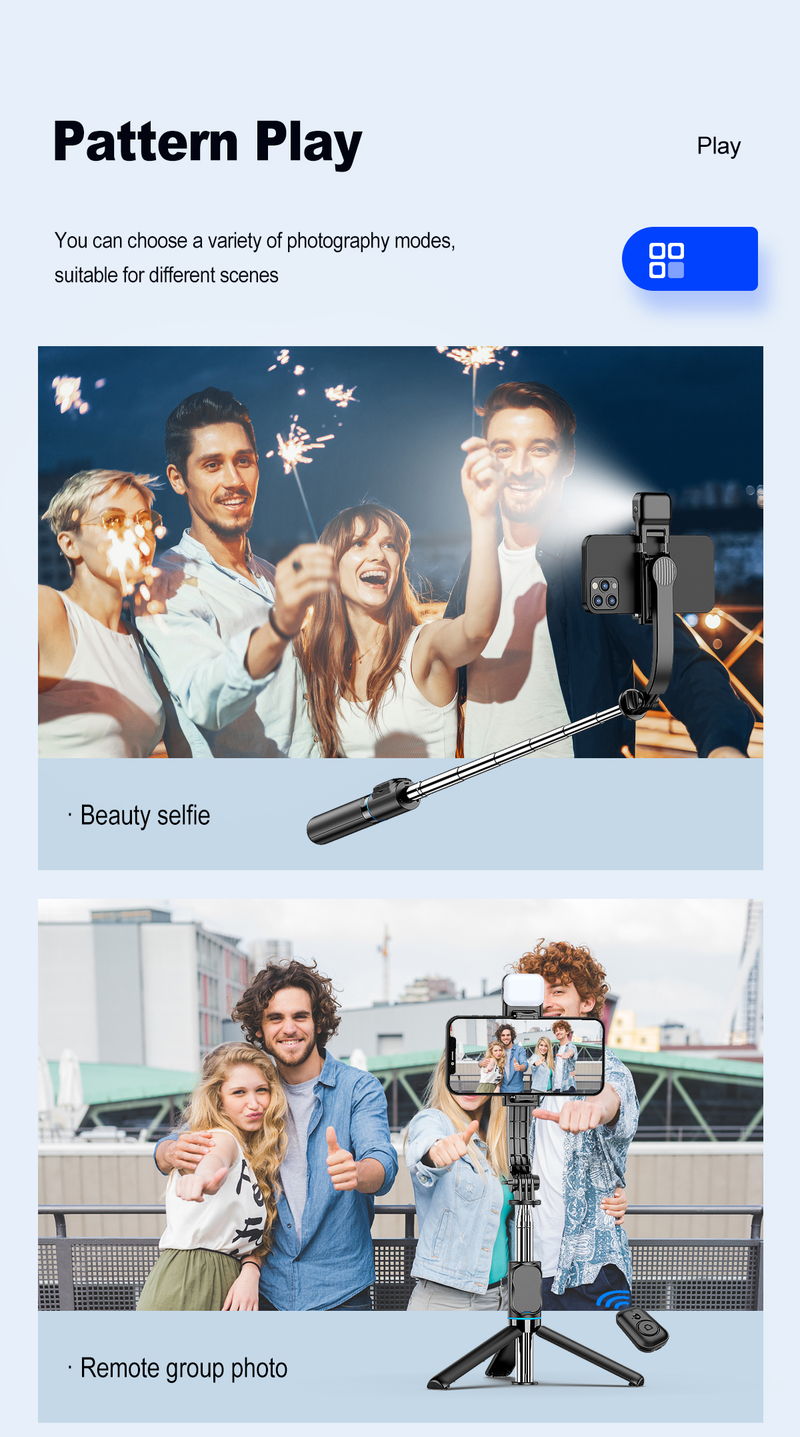 Smartphone Selfie Stick Wireless Bluetooth Telecomando Pieghevole portatile Supporto da tavolo Treppiede Luce di riempimento per iPhone Android_voghion.com