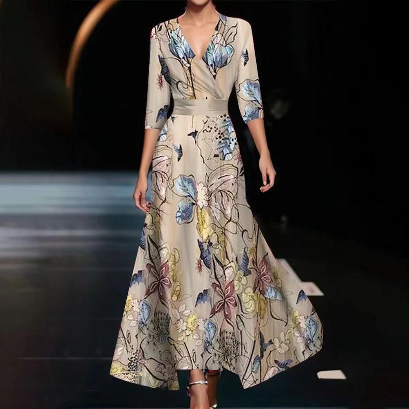 Damenbekleidung Temperament Dreiviertelärmel Langes Kleid_voghion.com
