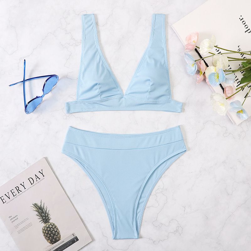 Verve New High-Waisted Small Ribbed Swimsuit For Women Solid Color Sexy Two-Piece Bikini Swimwear_voghion.com