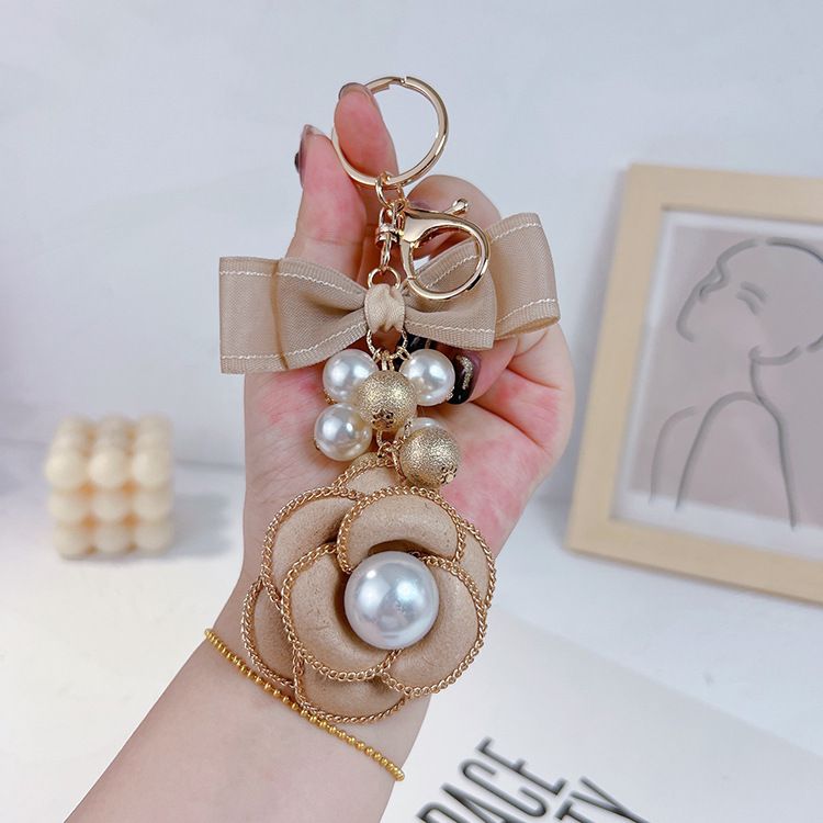 Chain pearl camellia bag pendant fashionable women's double-layer bow creative keychain goods_voghion.com
