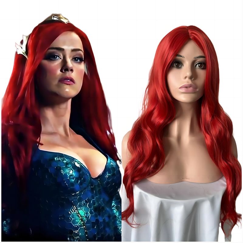 Halloween paróka női Aquaman 2 piros középen elválasztott hosszú göndör haj teljes fejszett sellő COS anime teljes frizura szett_voghion.com
