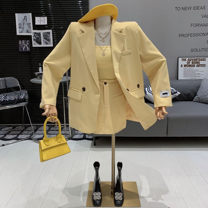 2023 Korean Fashion Lazy Style Loose Chic Blazer + High Waist Slimming A-line Bodycon Skirt Two-piece Set For Women_voghion.com