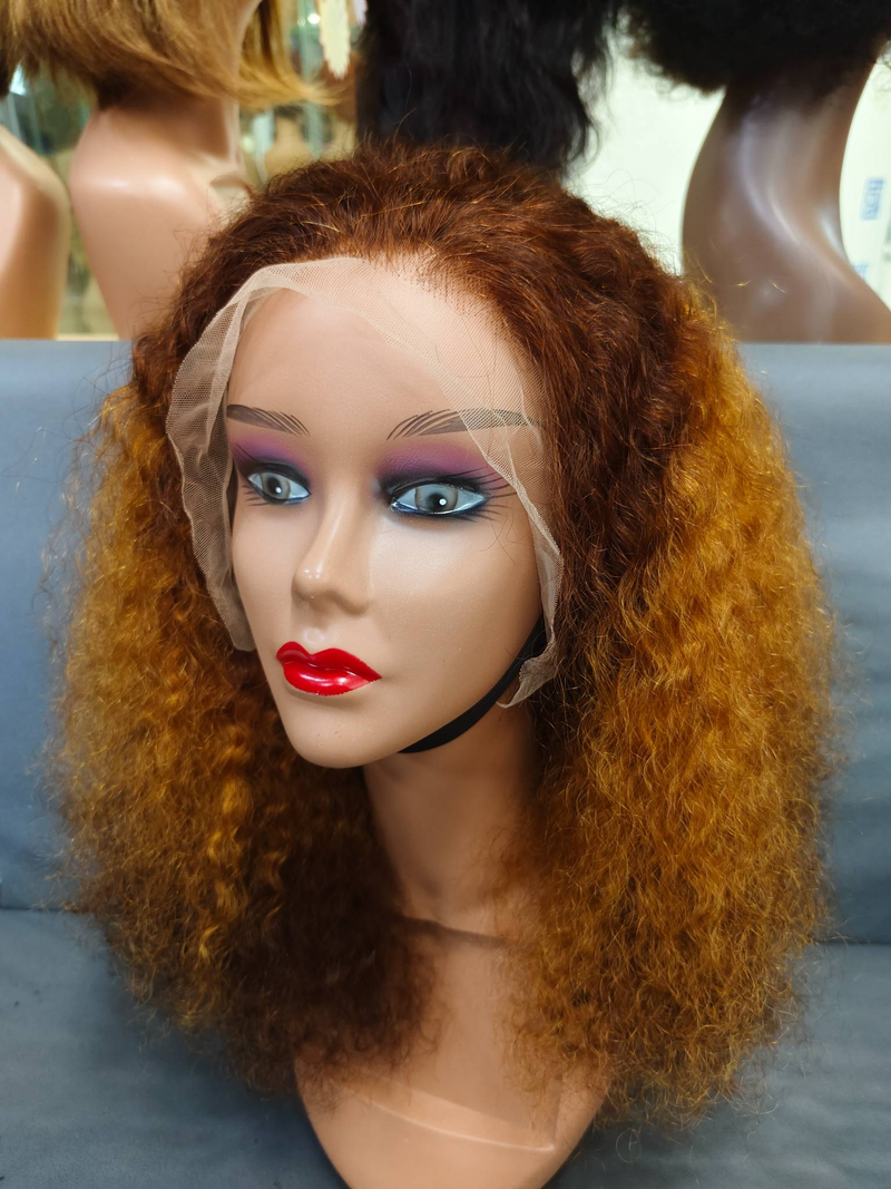 Afro Kinky Krøllete Parykk med Blonde Closure, Brunt, 20 tommer, Krøllete Parykker med Ekte Hår_voghion.com