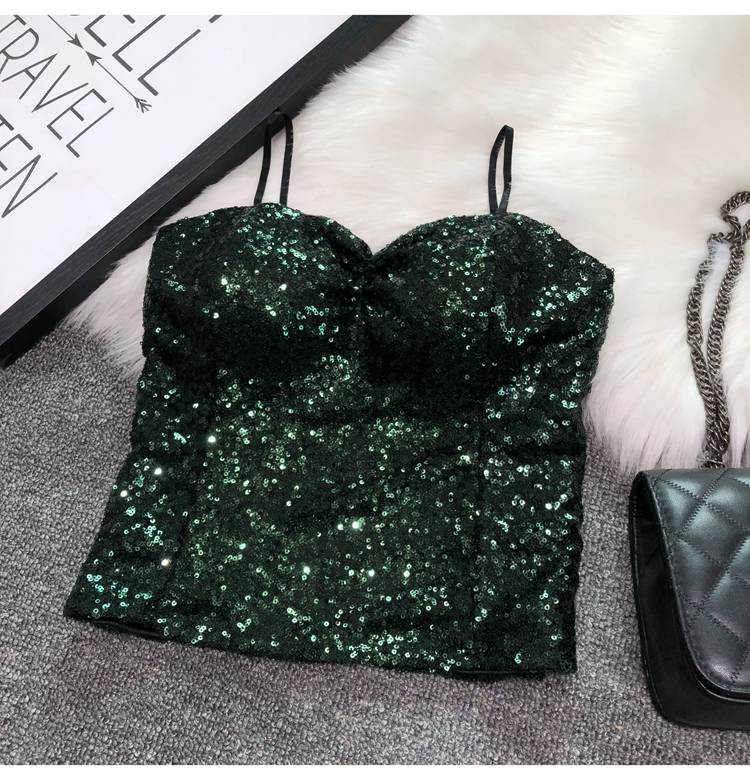 Abbigliamento da donna Cintura sexy Reggiseno imbottito Capispalla Bretelle Paillettes Intimo Corto Top da night club_voghion.com