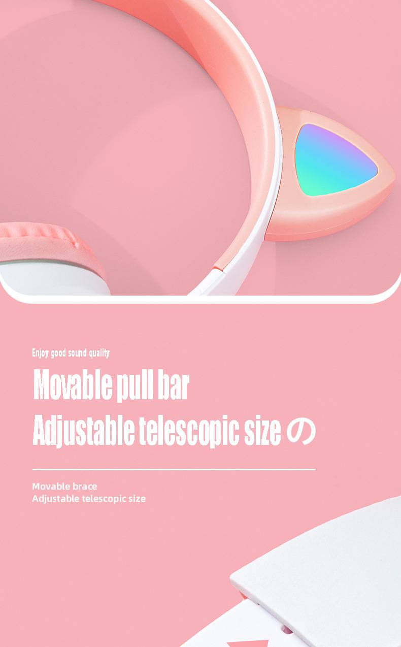 Casque Bluetooth sans fil à oreilles de chat avec design pliable et boutons multifonctions colorés_voghion.com