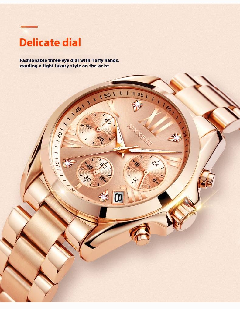 Elegante orologio cronografo in acciaio inossidabile color oro rosa per donna con datario e resistenza all'acqua fino a 30 m. Un regalo elegante e alla moda._voghion.com