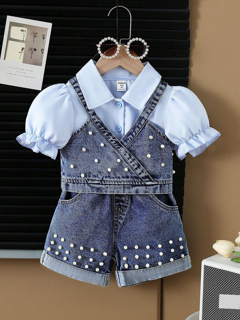 Boys & Girls Denim Vest With Pearl Jeans & Collared Shirt 3-Piece Set – Soft Washed Cotton Blend, Stylish & Comfortable For Kids (4Y-7Y)_voghion.com