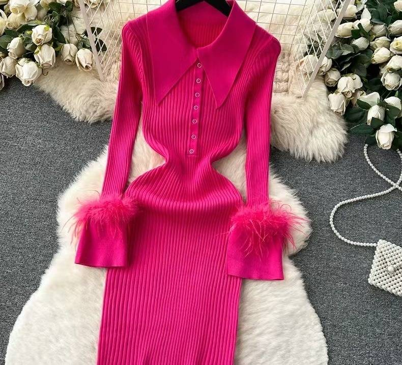 Elegantes Strickkleid mit Federbesatz – Damen-Pulloverkleid in A-Linie mit hoher Taille (S-L, 7 Farben)_voghion.com