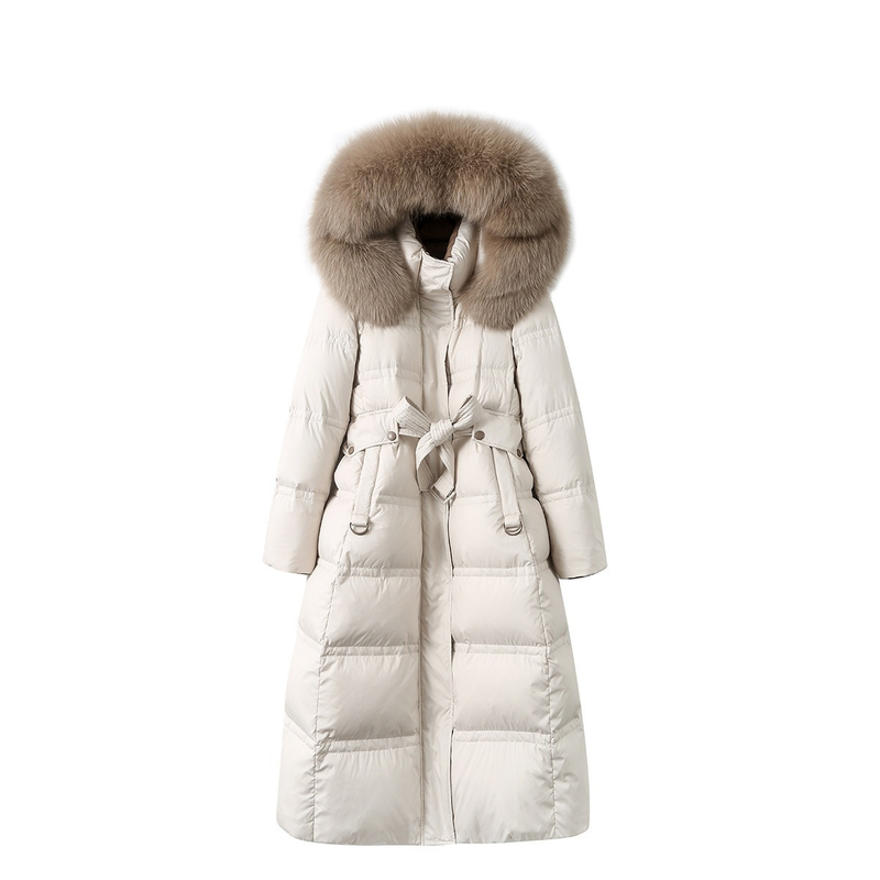 Women's Slim Fit Long Down Coat With Real Fox Fur Collar - Waist-Cinching Winter Jacket For Cold Weather (Black/Beige/Green)_voghion.com