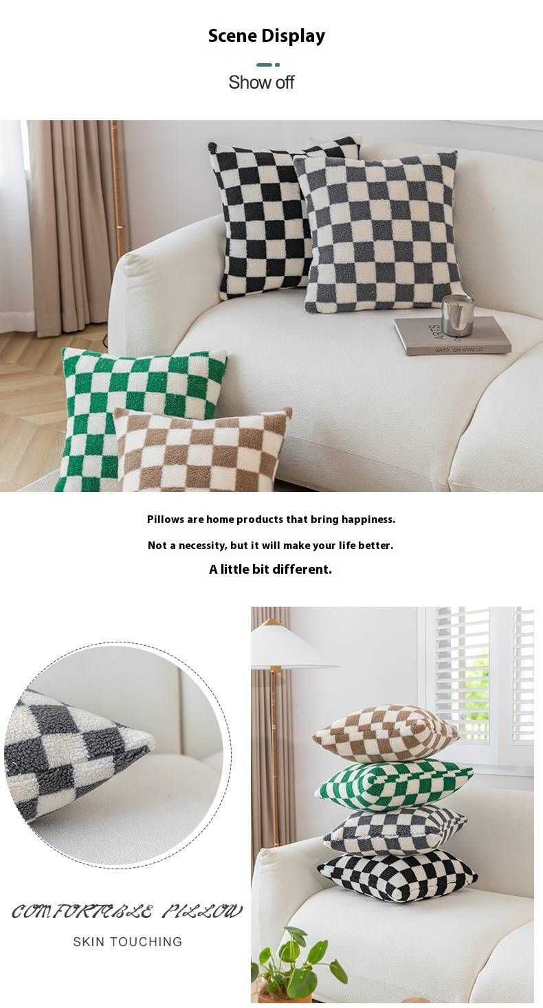 Checkered Plush Pillow Cover – Soft Polyester Car & Sofa Cushion Case (45x45cm/30x50cm, Geometric Print, Modern Minimalist Style, No Insert)_voghion.com