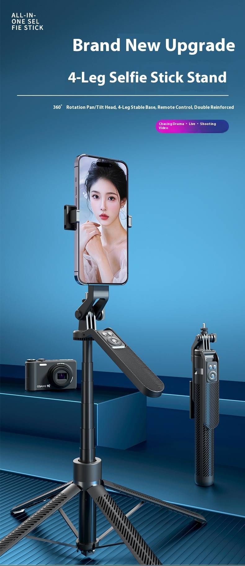 A14 Bluetooth Selfie Stick With Auto-Lock Tripod & 360° Rotation - 1.8m Extendable Phone Holder, Anti-Shake Stabilizer For Live Streaming & Vlogging_voghion.com