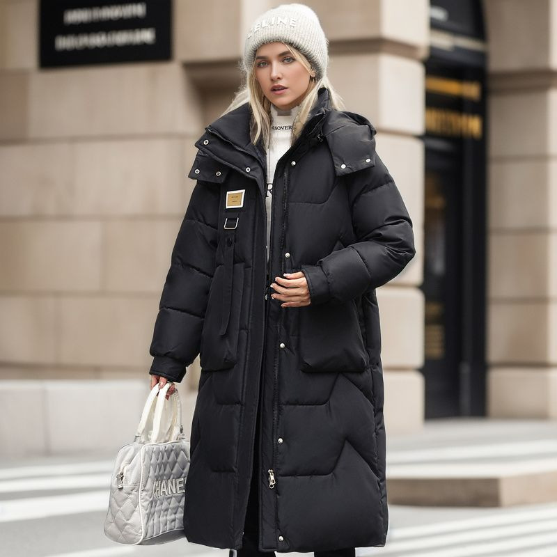 Damen Steppjacke mit abnehmbarer Kappe, mittellang, über dem Knie, verdickte warme Jacke_voghion.com
