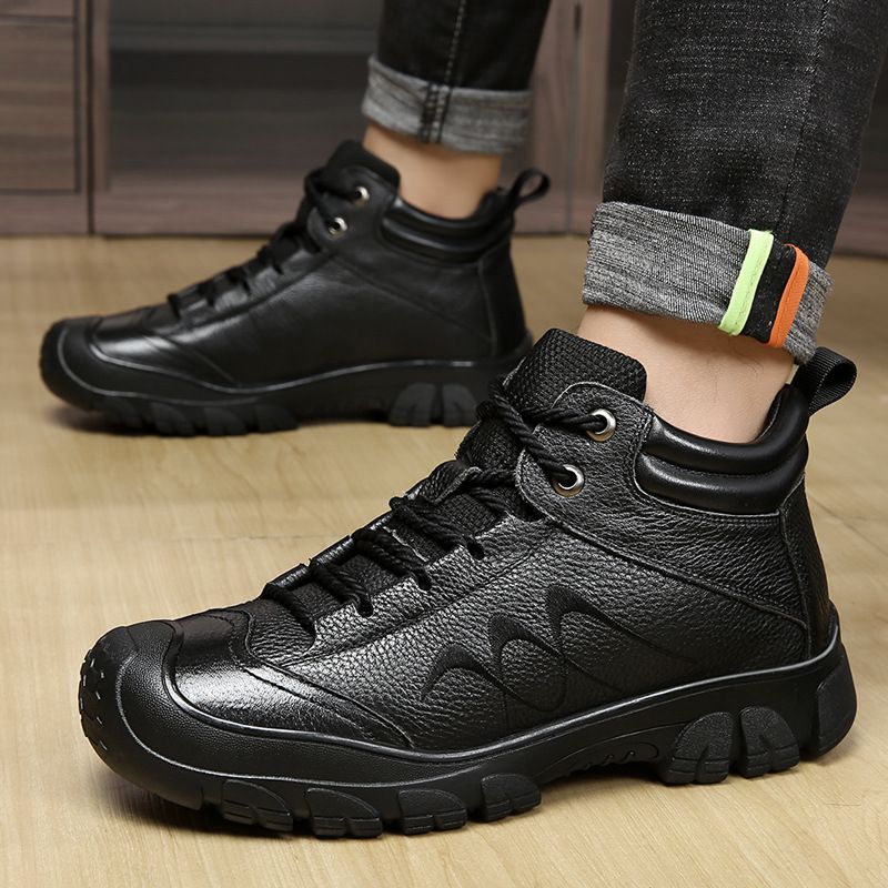 Winter New Layer Wool High Top Cotton Fleece Lined Leather Short Boots Warm Men's Shoes_voghion.com