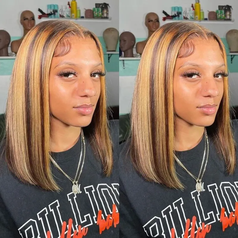 Kurze Bob-Ombre-Perücken aus Echthaar, blond, glatt, mit Spitzenfront_voghion.com
