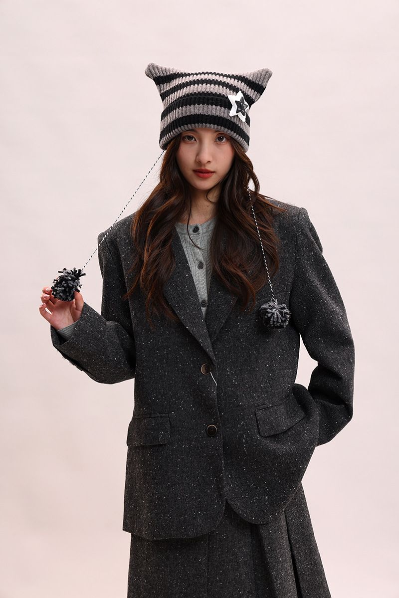 Abi-Stil handgemachte süße Fünf-Sterne-Katzenohrstreifen Dämon Wärme Abdeckung gestrickte Ball Pullover Hut weiblich_voghion.com