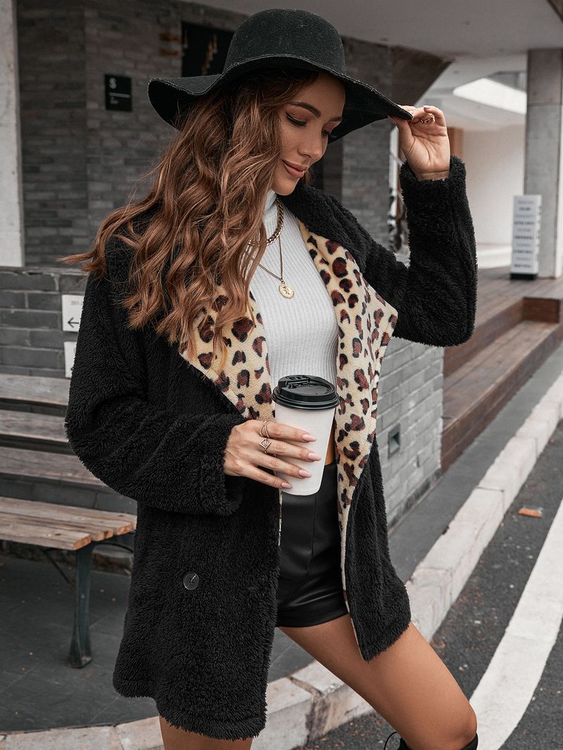 Women's Clothing leopard print lapel fur cardigan sherpa windbreaker jacket _voghion.com